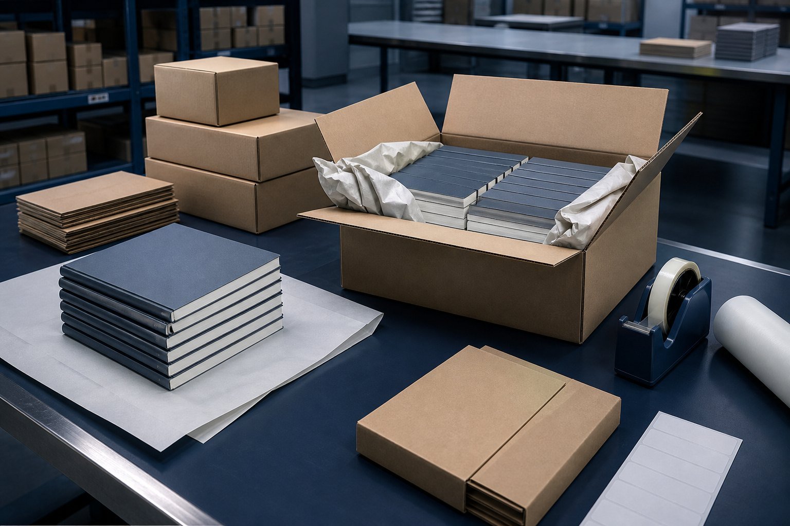 An orderly dispatch table with unbranded notebooks, cartons, packing paper, and tape.