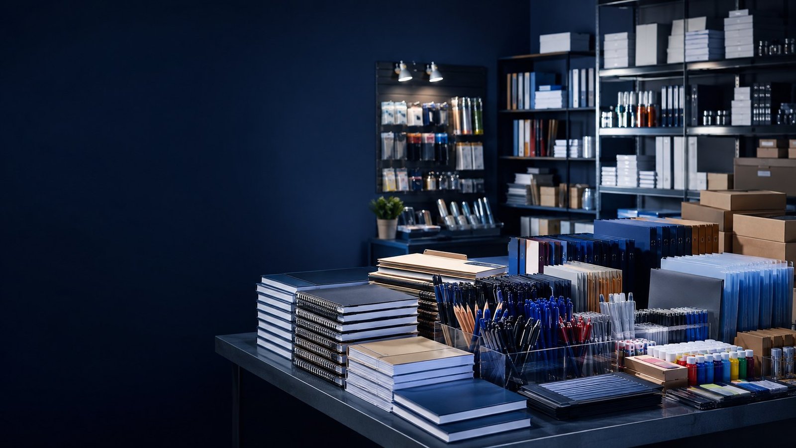 An organised supply environment with stationery, notebooks, paper, writing instruments, art materials, and packing supplies.