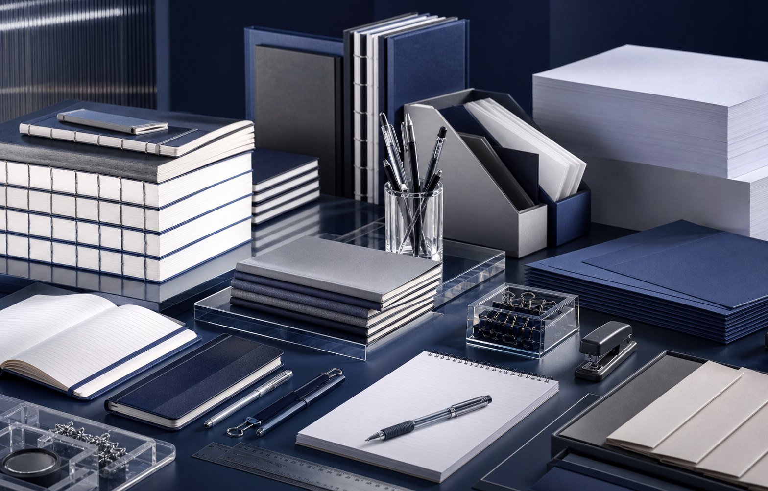 An organised range of notebooks, paper, writing instruments, files, and everyday stationery supplies.